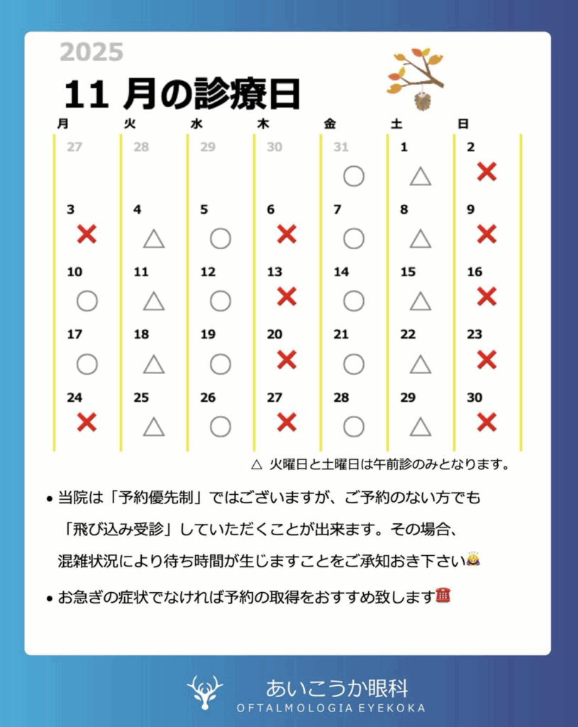 滋賀県甲賀市水口町の眼科「あいこうか眼科」11月休診日のお知らせ